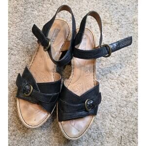 EUC Born Black Leather Cork Platform Wedge Sandals Sz 8